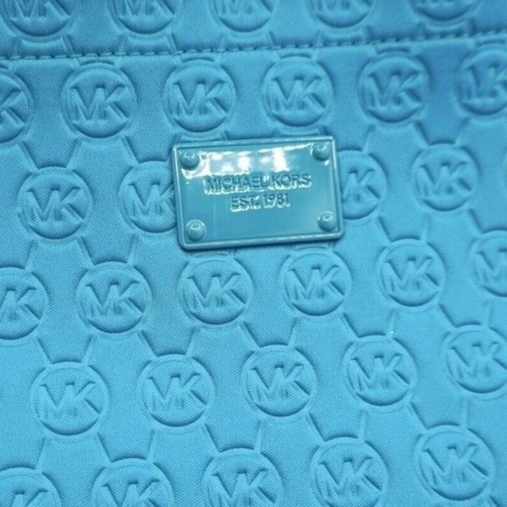 Michael Kors Turquoise Blue Embossed Monogram Logo Tote Bag Patent Trim Shoulder